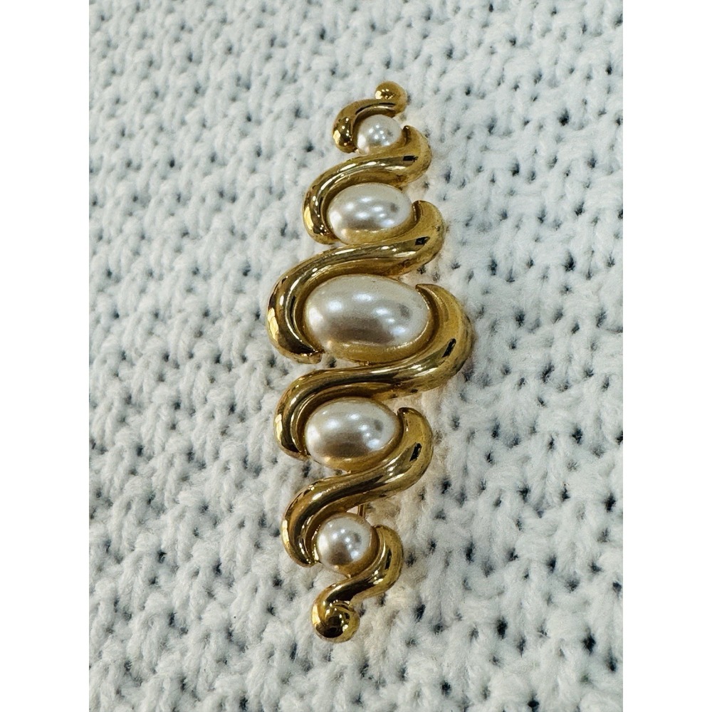 Vintage Napier Gold Tone Faux Pearl Swirl Brooch Pin Signed Statement Jewelry